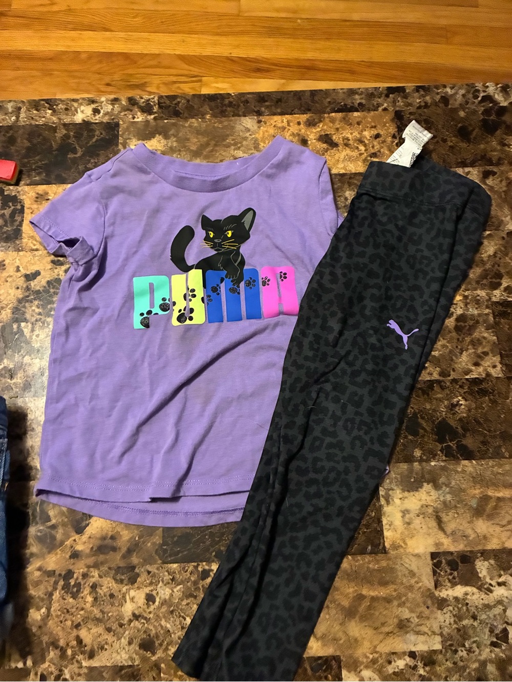 Puma Girls Purple Cat Graphic Tee with Black Leopard-Print Leggings
